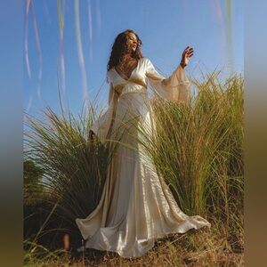 Vanilla Cream Sundari Silk Dress Boho Wedding Bell Sleeve Open Back Ivory Gown